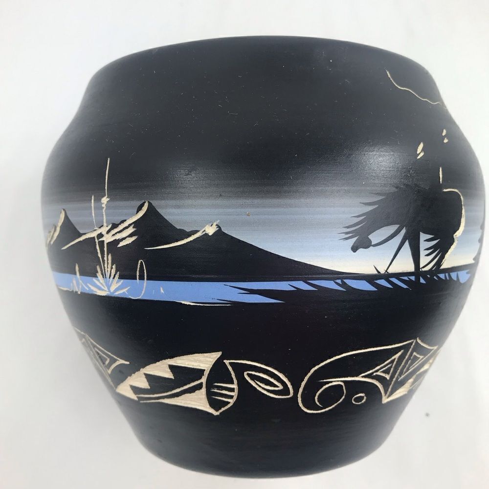 Native American Handcrafted Artist Signed Etched Painted Night Nature Pot 2018